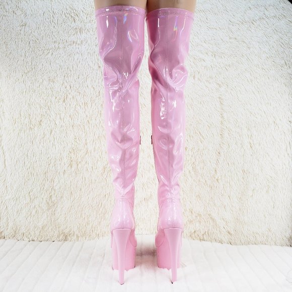 Sexy Thigh High Platform Boots Baby Pink Hologram - Picture 2 of 9